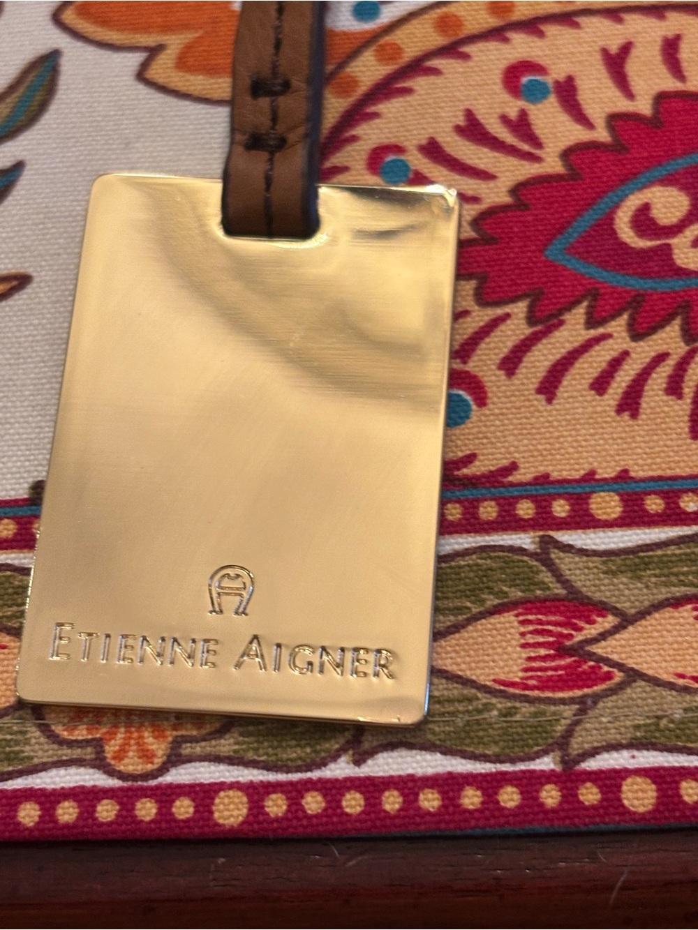 Vintage Etienne Aigner Gold Luggage Tag with Brown Strap